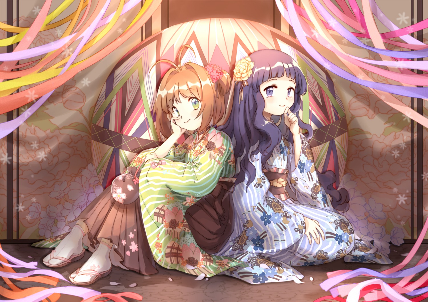 card_captor_sakura daidouji_tomoyo japanese_clothes kinomoto_sakura siam_(meow13)