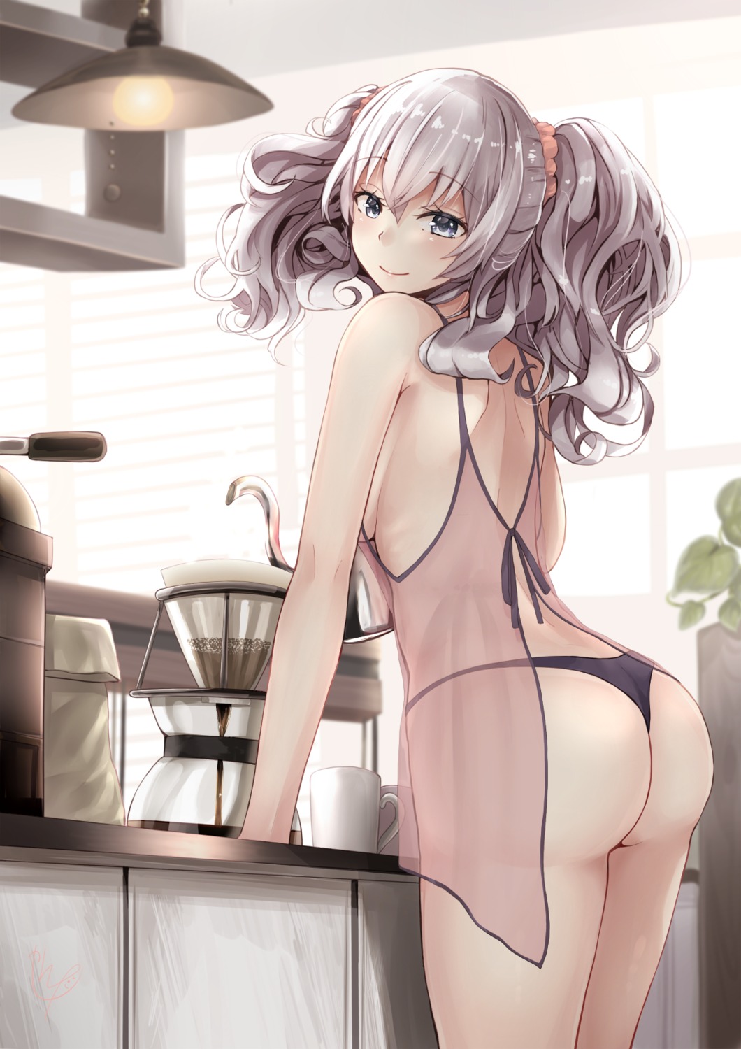 ass kantai_collection kashima_(kancolle) lingerie narushima_kanna no_bra pantsu see_through thong