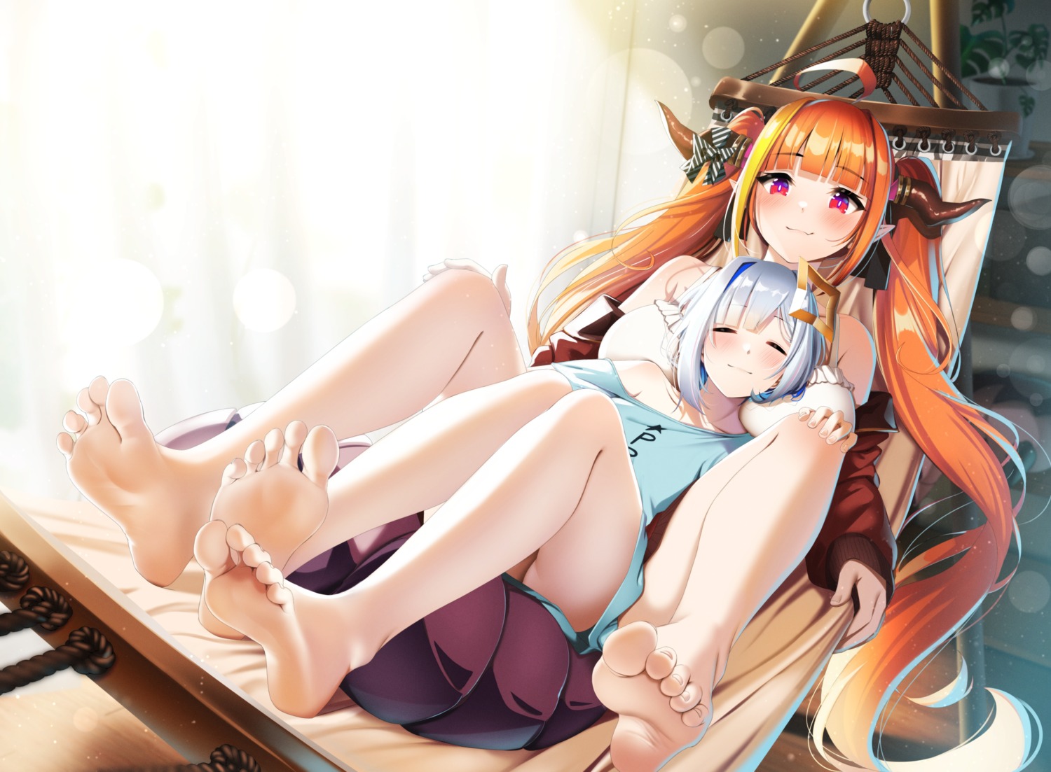 amane_kanata casino_(casinoep) feet halo hololive horns kiryuu_coco