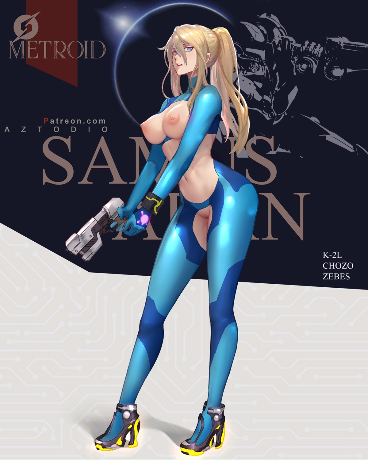 azto_dio breasts gun heels metroid nipples no_bra nopan pussy samus_aran uncensored