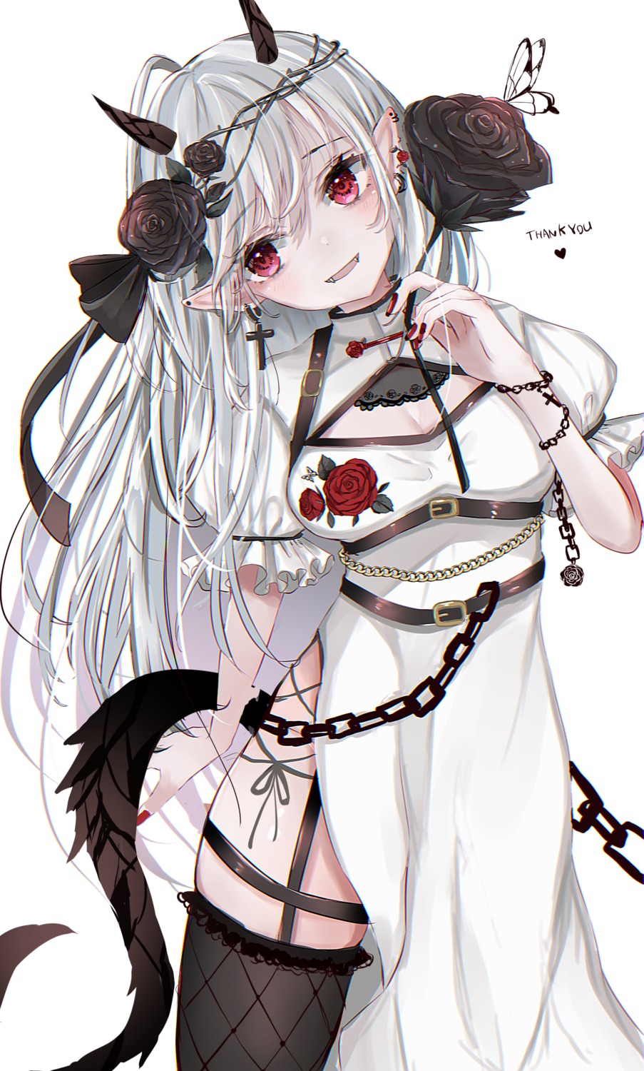 cleavage dress fishnets garter horns pointy_ears sakura_mochiko stockings tail thighhighs