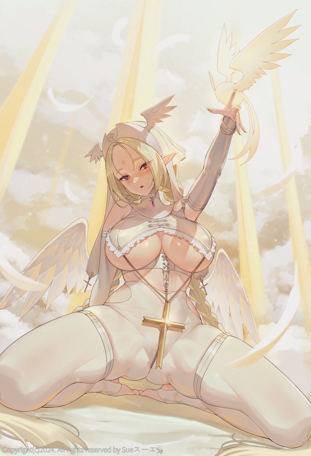 garter no_bra pantyhose pointy_ears suerte wings