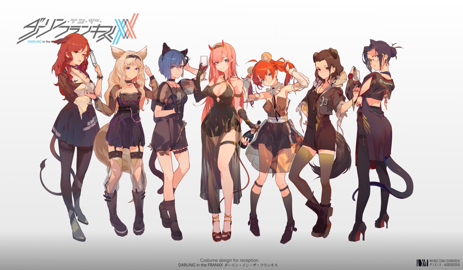 animal_ears darling_in_the_franxx dm_(dai_miao) garter heels horns ichigo_(darling_in_the_franxx) nekomimi no_bra see_through tail thighhighs zero_two_(darling_in_the_franxx)
