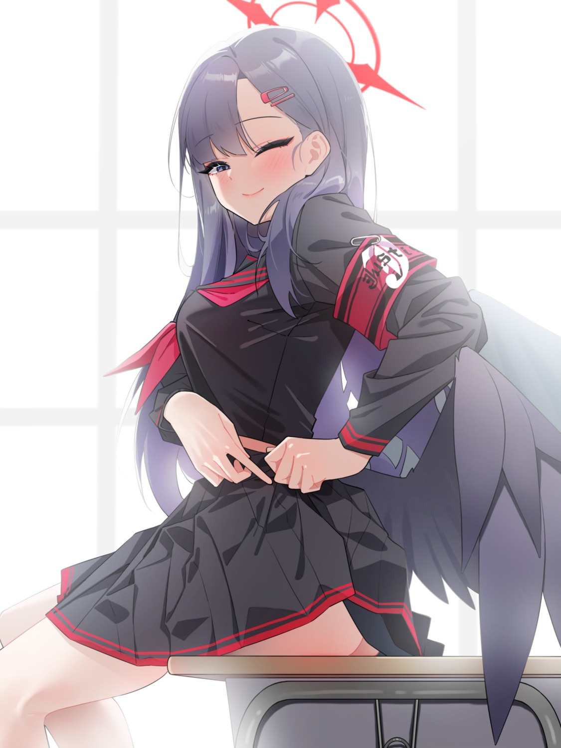 agnam_ore angel animal_ears ass blue_archive nakamasa_ichika nopan seifuku skirt_lift undressing wings