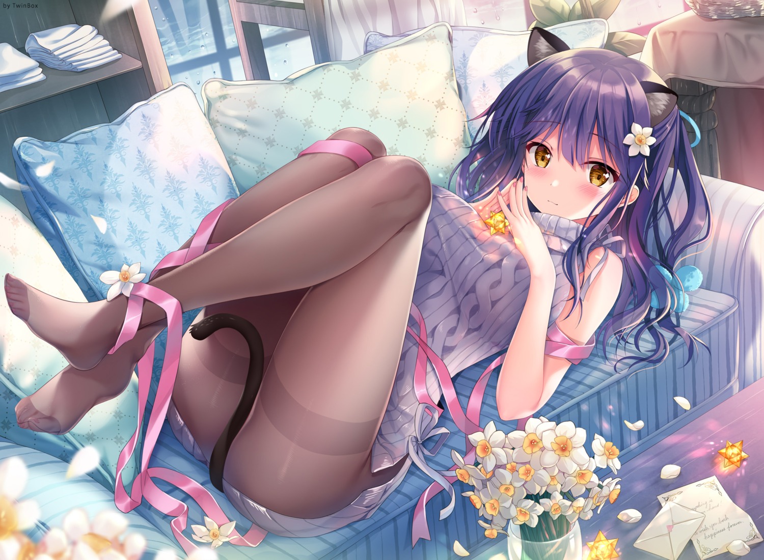 animal_ears breast_hold dress feet nanami_yuuno nekomimi nopan pantyhose skirt_lift sweater tail twinbox twinbox_school