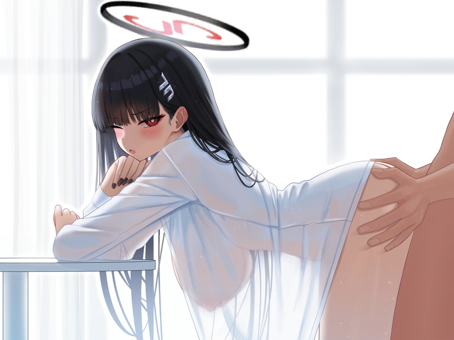 ass ass_grab blue_archive bottomless dress_shirt halo mijikayo_(user_eyyx8247) nipples no_bra open_shirt see_through sex tsukatsuki_rio