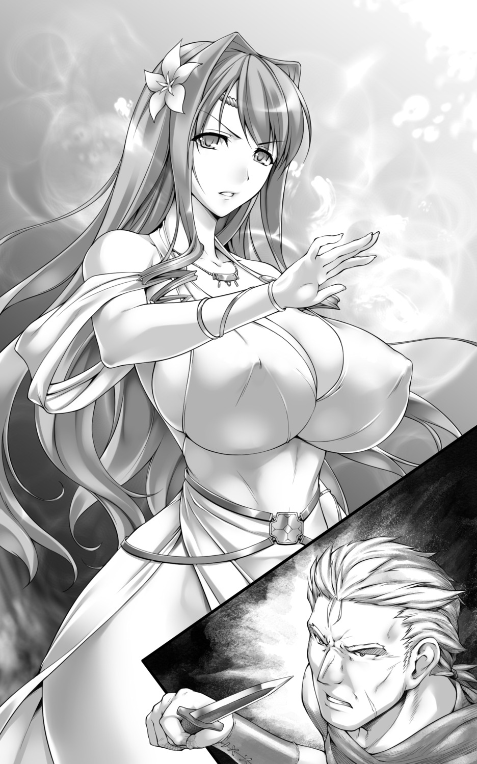 cleavage dress erect_nipples monochrome no_bra rindou_aya weapon