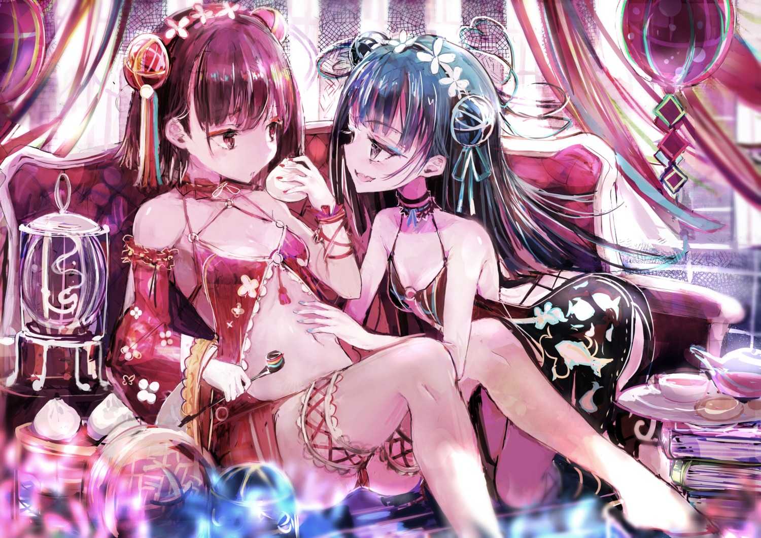 chinadress cleavage dress garter lingerie no_bra tatsukisan yuri