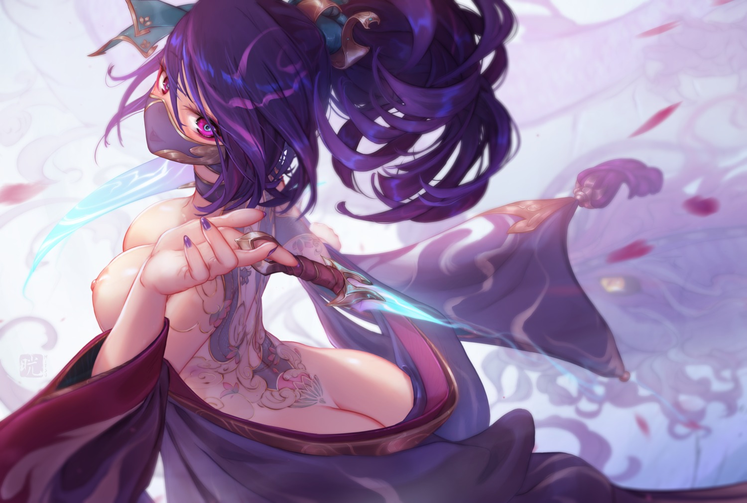 akali ass breasts japanese_clothes league_of_legends mitsu_(mitsu_art) nipples no_bra nopan open_shirt tattoo weapon