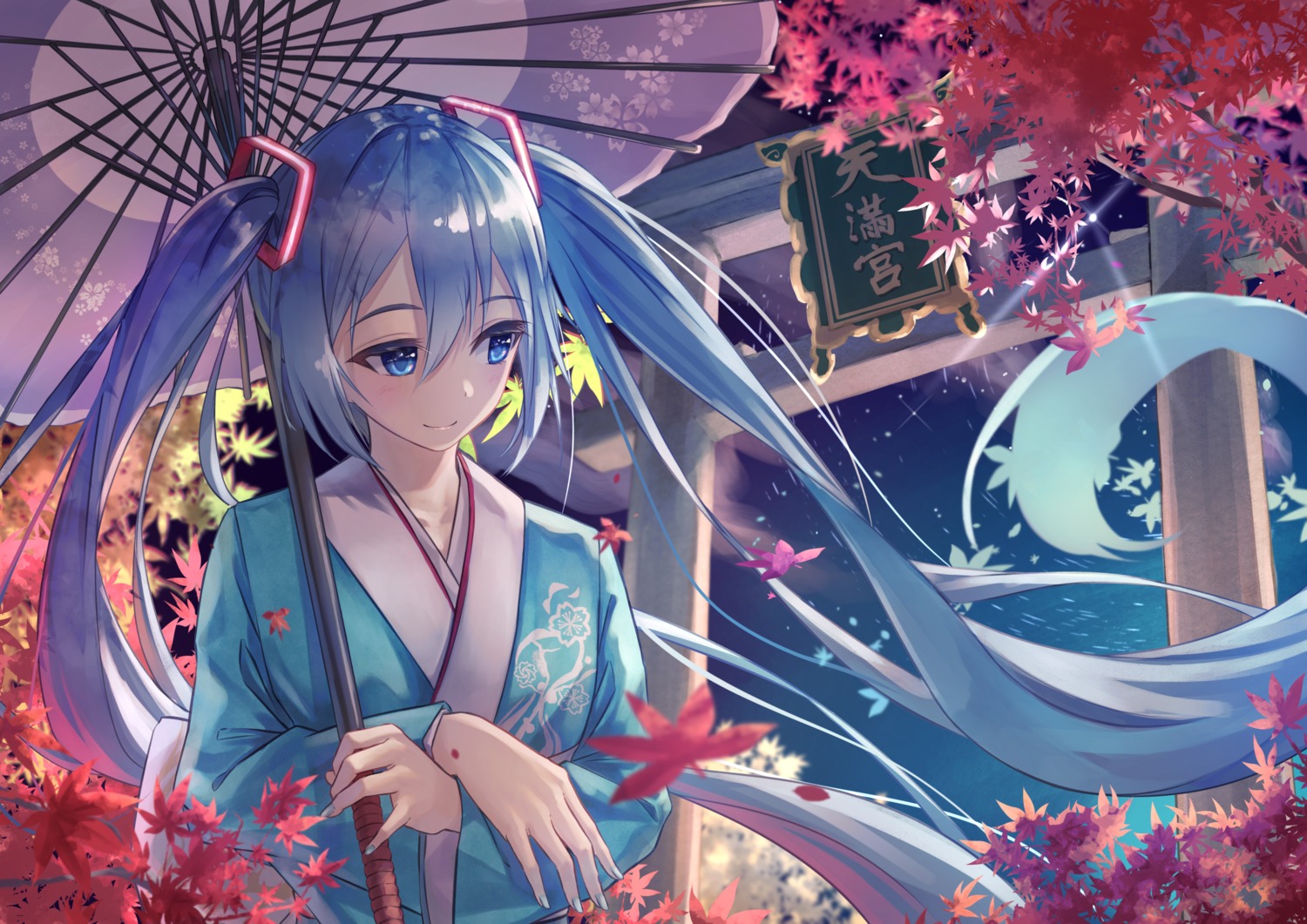 hatsune_miku kimono kyoto_nippon_festival shun'ya_(daisharin36) umbrella vocaloid