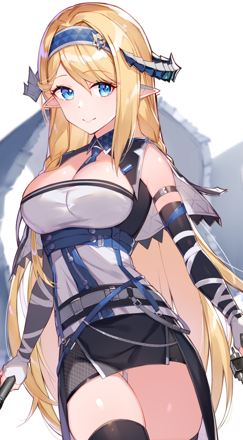 arknights horns no_bra pointy_ears rikoma saileach_(arknights) thighhighs