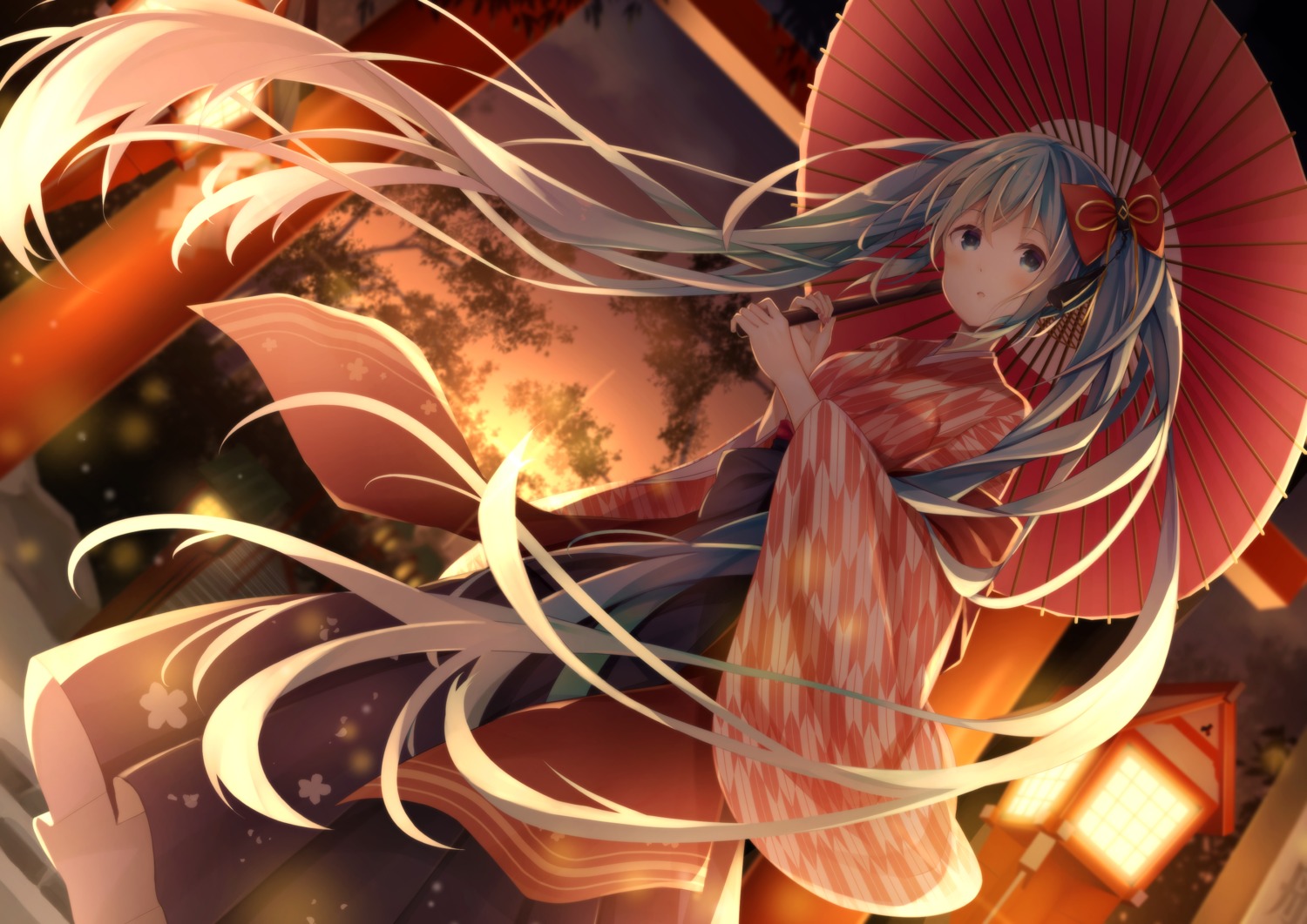 hatsune_miku japanese_clothes koki_(latte1023) umbrella vocaloid