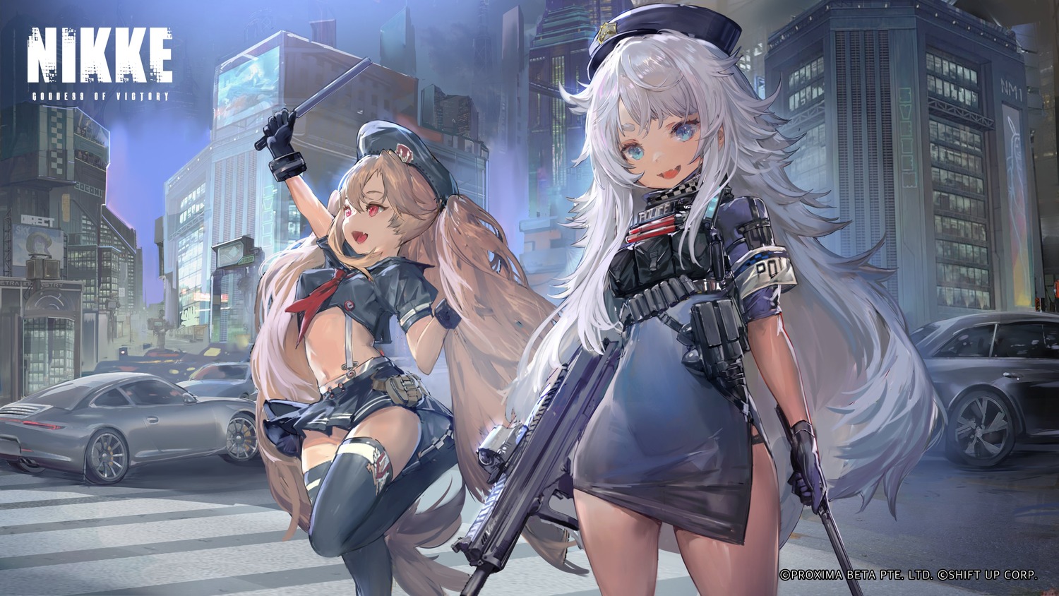 dress gun messikid miranda_(nikke) nikke_the_goddess_of_victory poli_(nikke) police_uniform thighhighs uniform weapon