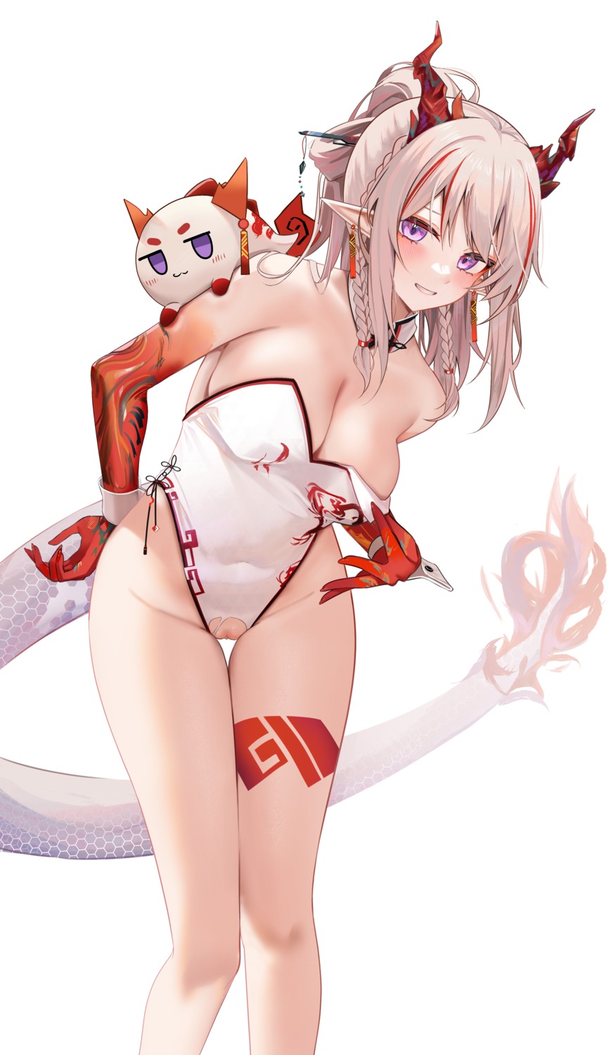 arknights horns leotard nian_(arknights) no_bra nopan pointy_ears pussy ru_zhai tail tattoo torn_clothes uncensored undressing