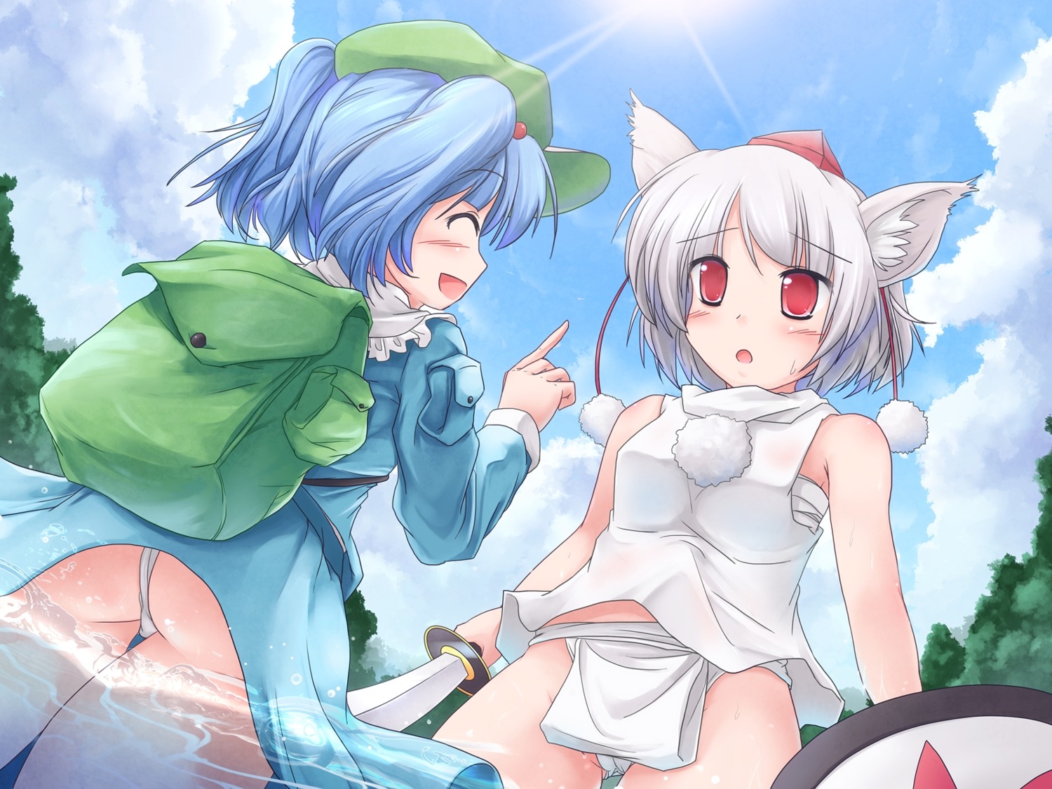 animal_ears ass fundoshi inubashiri_momiji kawashiro_nitori lzh touhou wallpaper