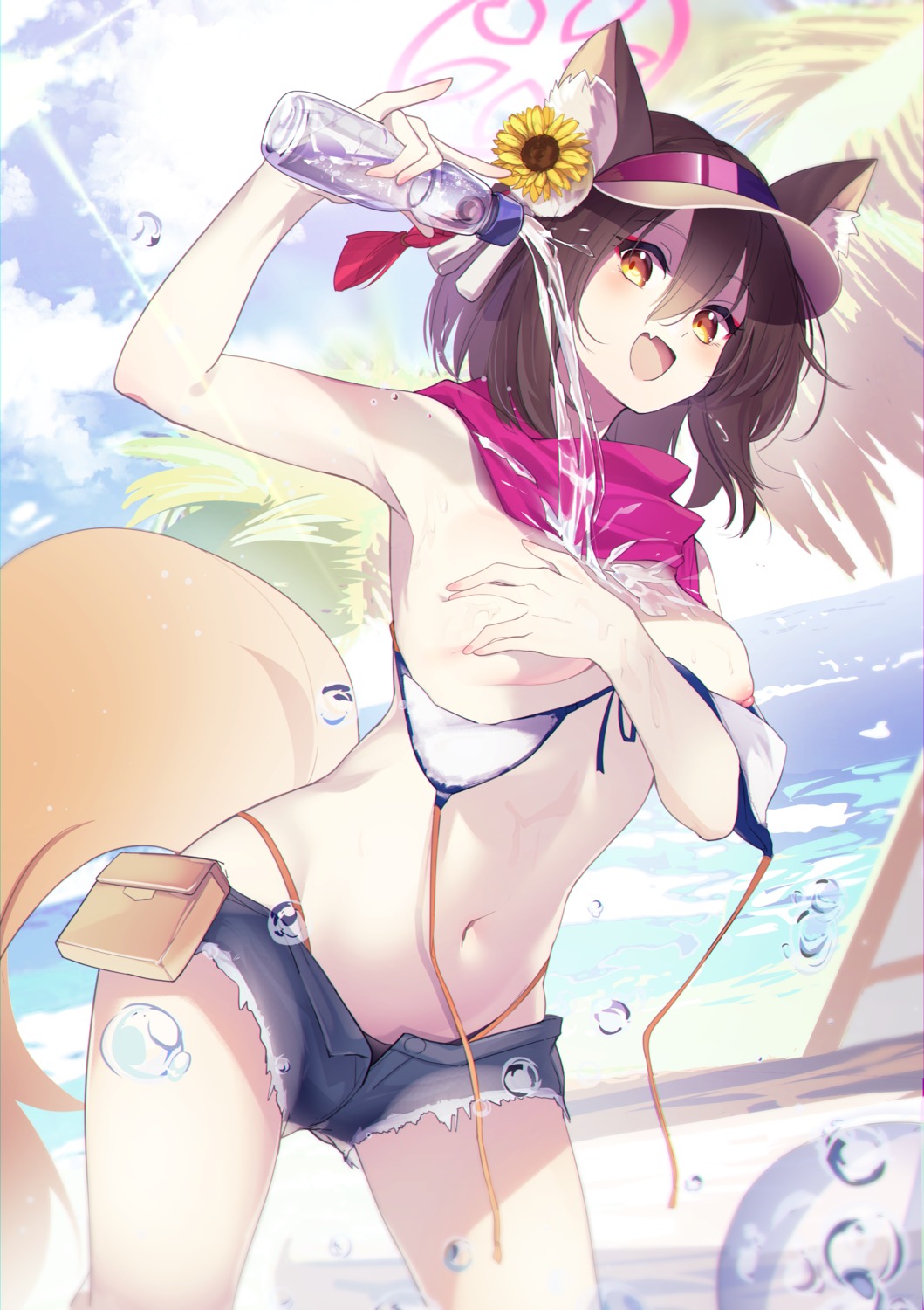 animal_ears bikini blue_archive breast_hold breasts halo kitsune kuda_izuna nipples suwakana swimsuits tail torn_clothes wardrobe_malfunction