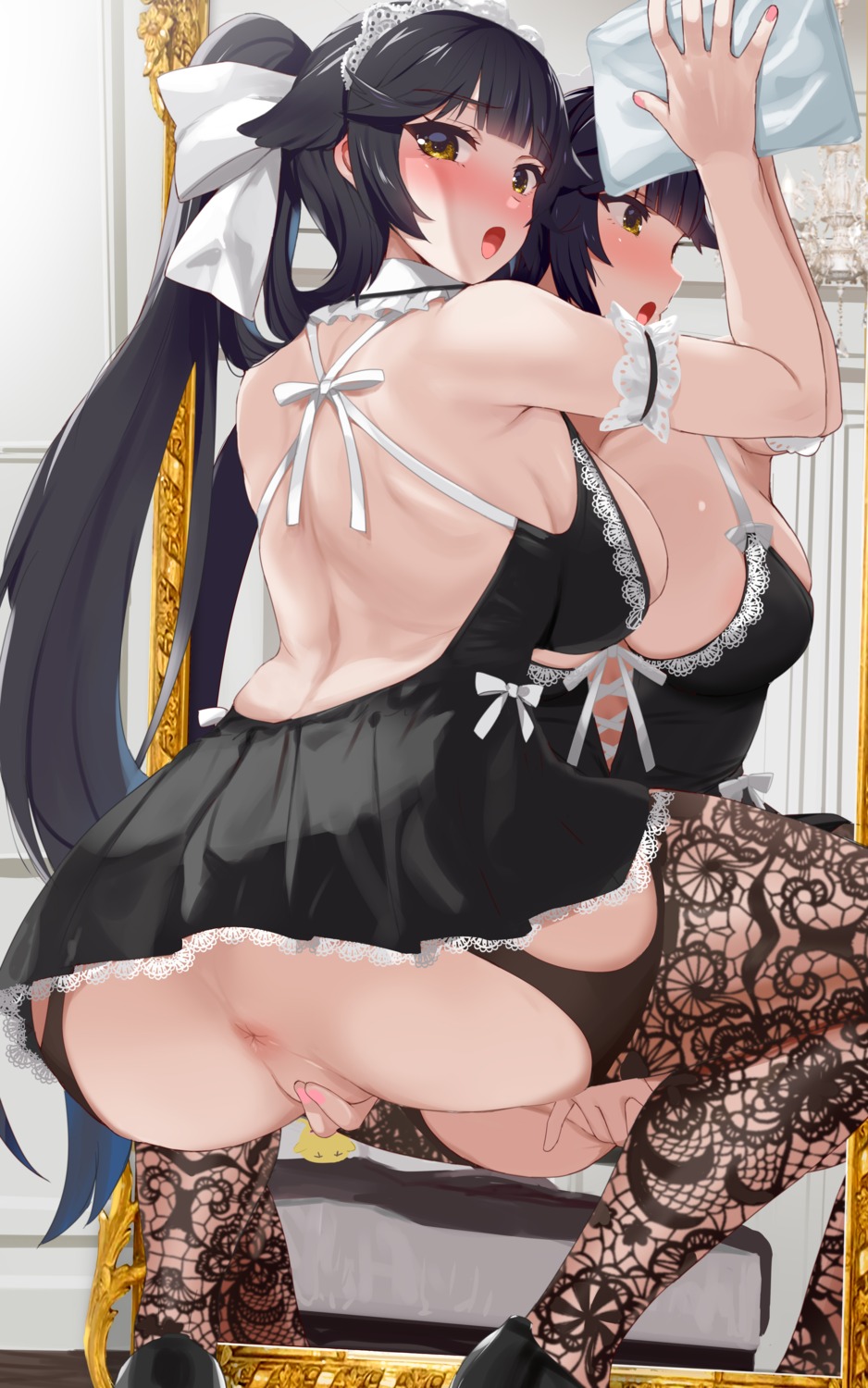 anus ass azur_lane kusaka_souji maid manjuu_(azur_lane) masturbation no_bra nopan skirt_lift stockings takao_(azur_lane) thighhighs