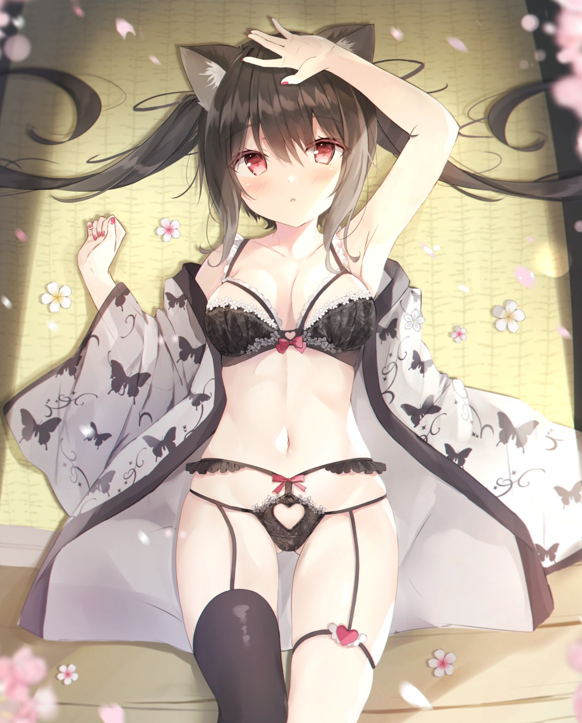 animal_ears bra garter garter_belt japanese_clothes lingerie nekomimi open_shirt pantsu saeki_sola stockings thighhighs