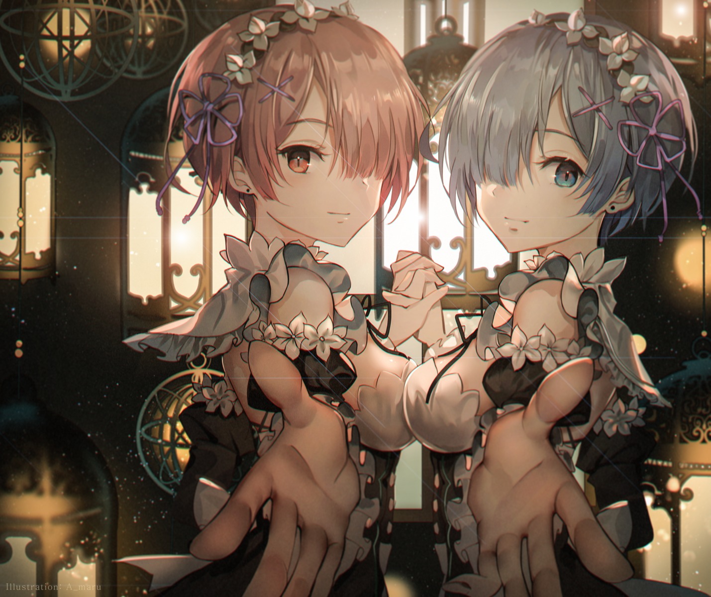 maid ram_(re_zero) re_zero_kara_hajimeru_isekai_seikatsu rem_(re_zero) symmetrical_docking unity_(ekvmsp02)