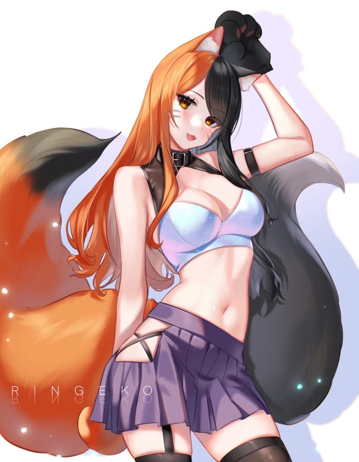 animal_ears nekomimi no_bra ringeko-chan stockings tail thighhighs