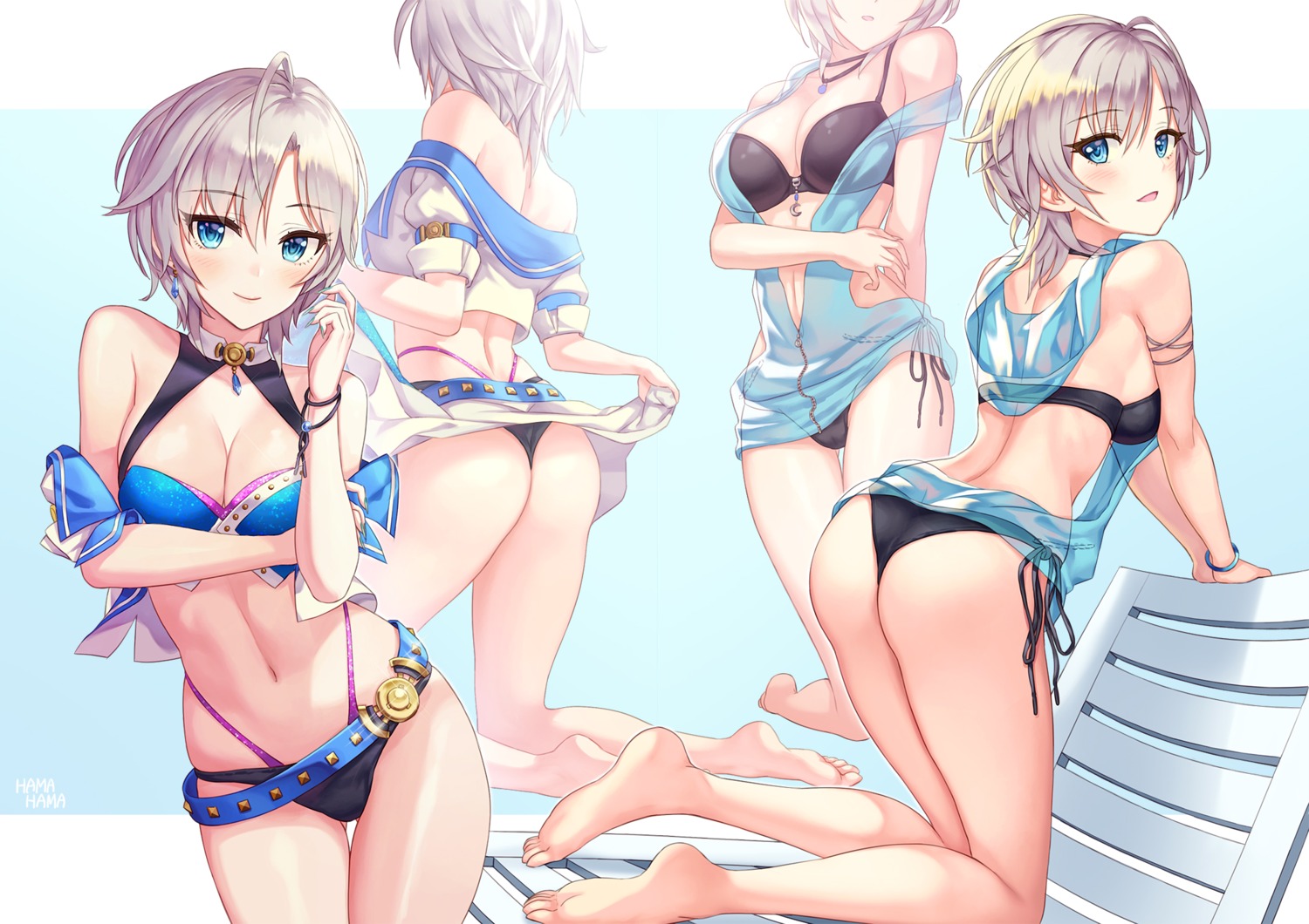 anastasia_(idolm@ster) ass bikini breast_hold cleavage hamahama open_shirt see_through skirt_lift swimsuits the_idolm@ster the_idolm@ster_cinderella_girls thong