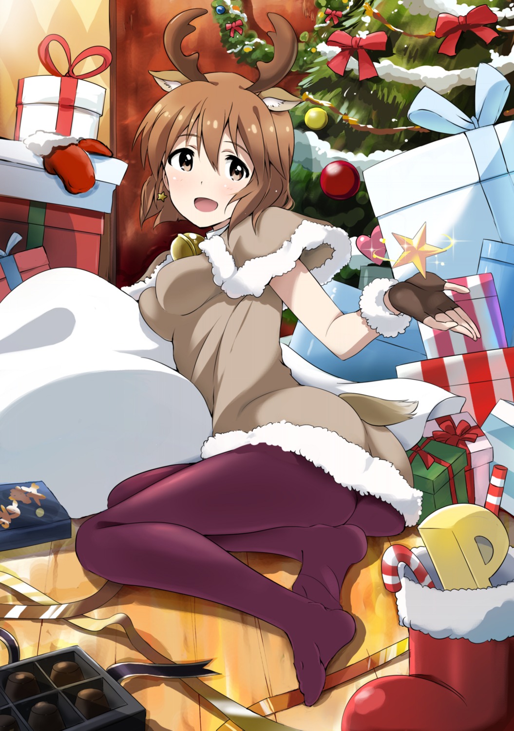 animal_ears ass christmas dress hagiwara_yukiho horns pantyhose tail the_idolm@ster yumekaranigeruna