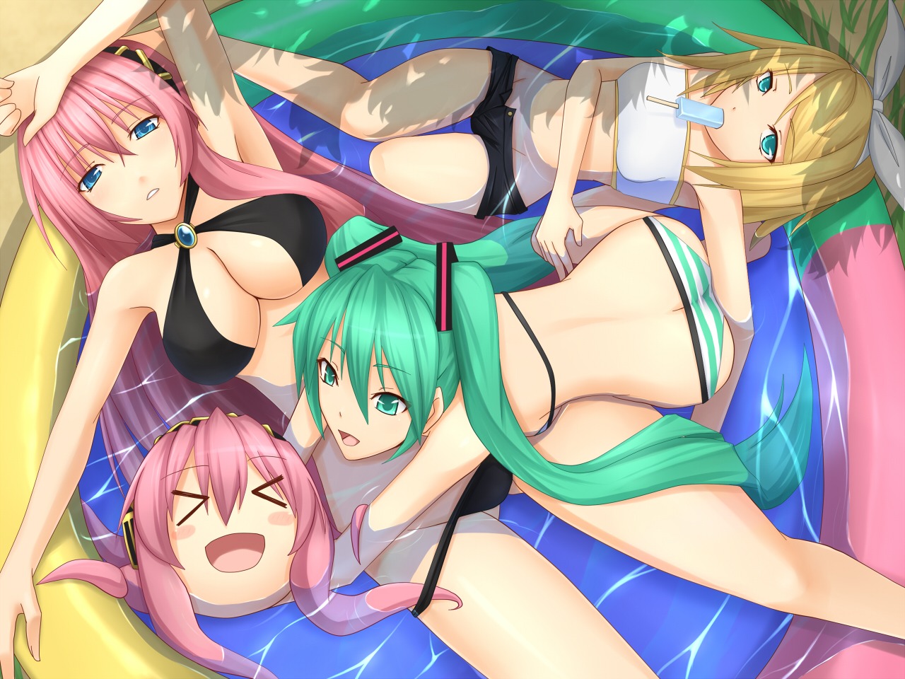 bikini cleavage hatsune_miku kagamine_rin megurine_luka shuugetsu_karasu swimsuits vocaloid wallpaper