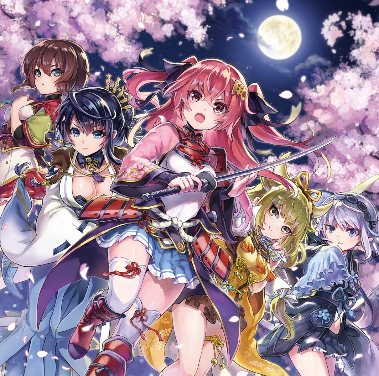 armor cleavage disc_cover fukube garter goou_yoshimitsu japanese_clothes jouizumi_masamune kogarasumaru kuwana_gou nanaka_(tenka_hyakken) sword tenka_hyakken thighhighs