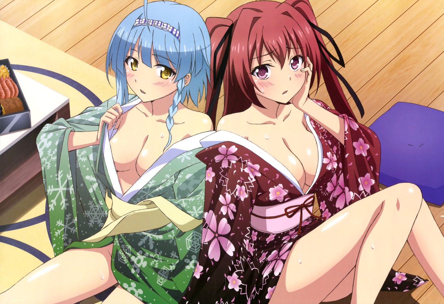 cleavage naruse_mio no_bra nonaka_yuki open_shirt shinmai_maou_no_testament undressing yukata