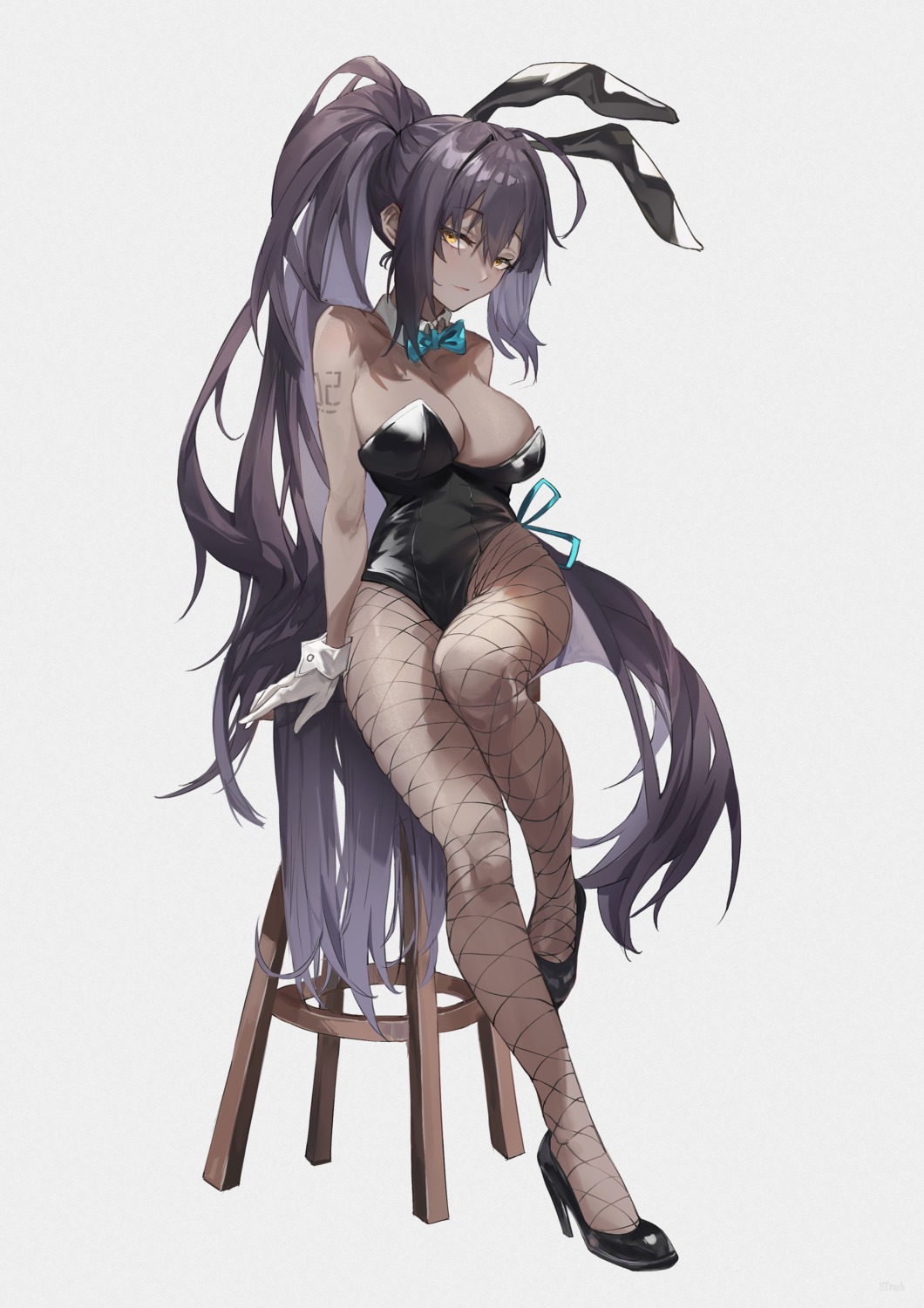 animal_ears blue_archive bunny_ears fishnets heels kakudate_karin no_bra pantyhose small_garbage tattoo