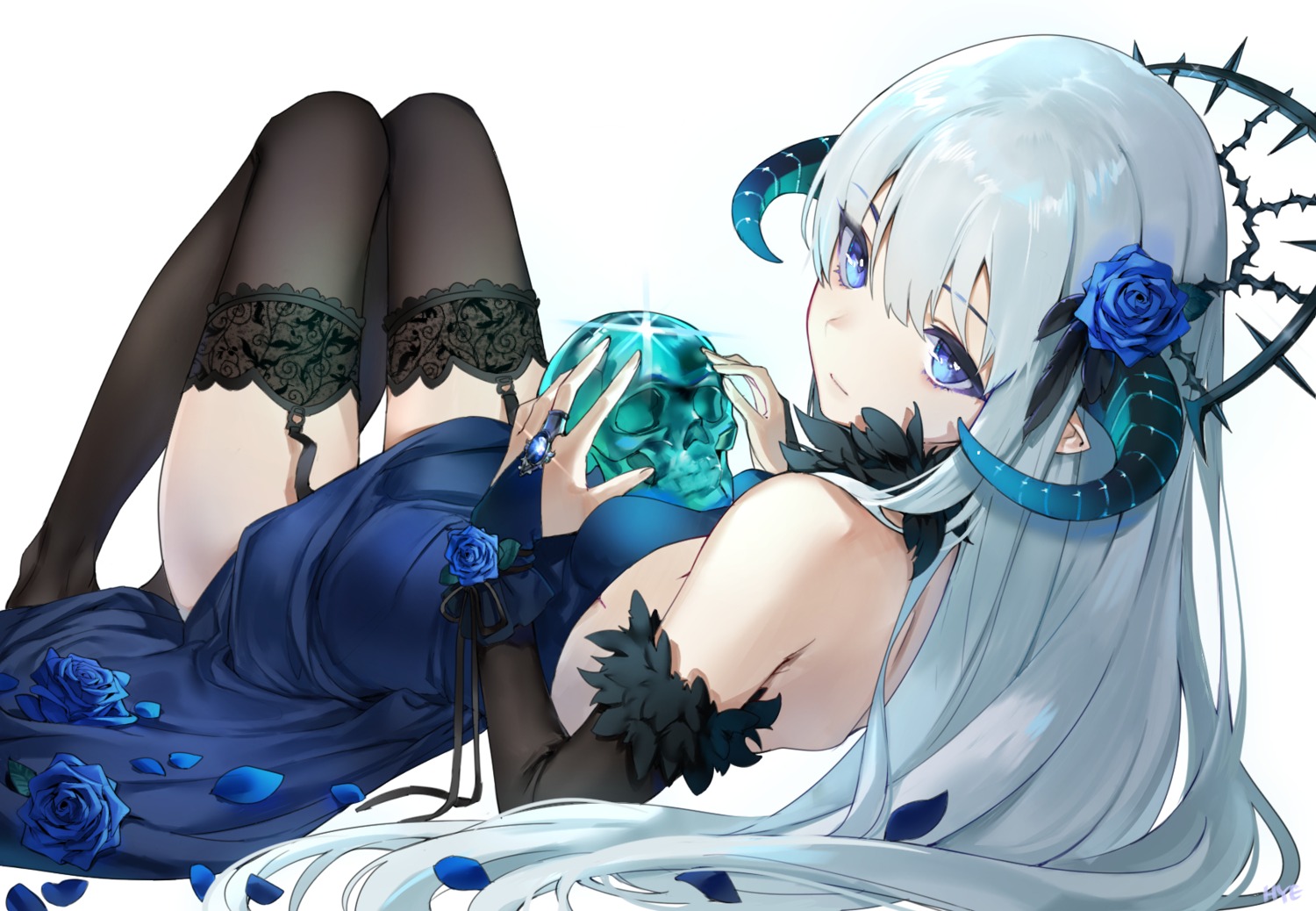 dress hieung horns pointy_ears skirt_lift stockings thighhighs