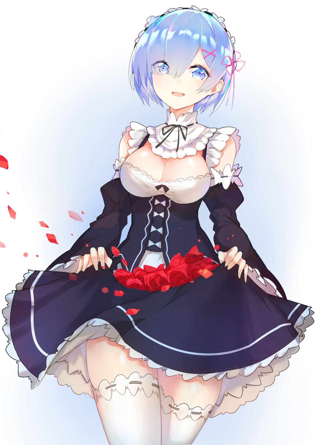 cleavage horz maid no_bra re_zero_kara_hajimeru_isekai_seikatsu rem_(re_zero) skirt_lift thighhighs