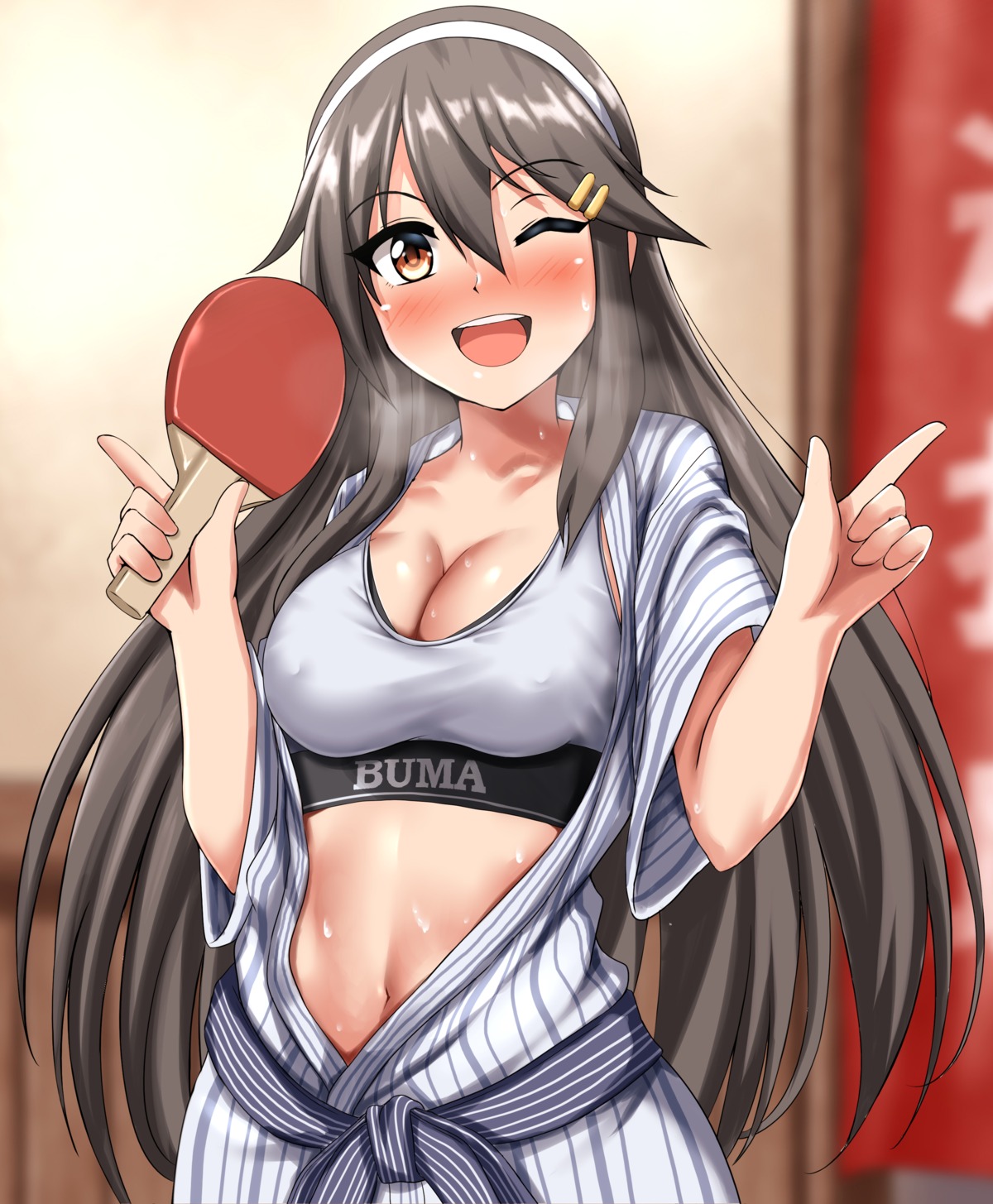 bra cleavage erect_nipples haruna_(kancolle) kantai_collection open_shirt wet yukata zanntetu