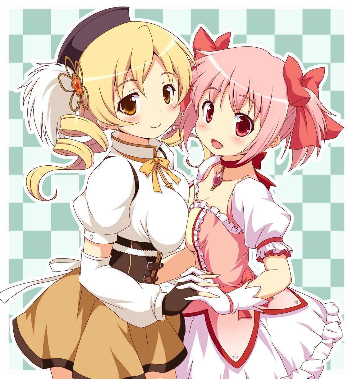 kaname_madoka mahou_shoujo_madoka_magica tomoe_mami yamasan