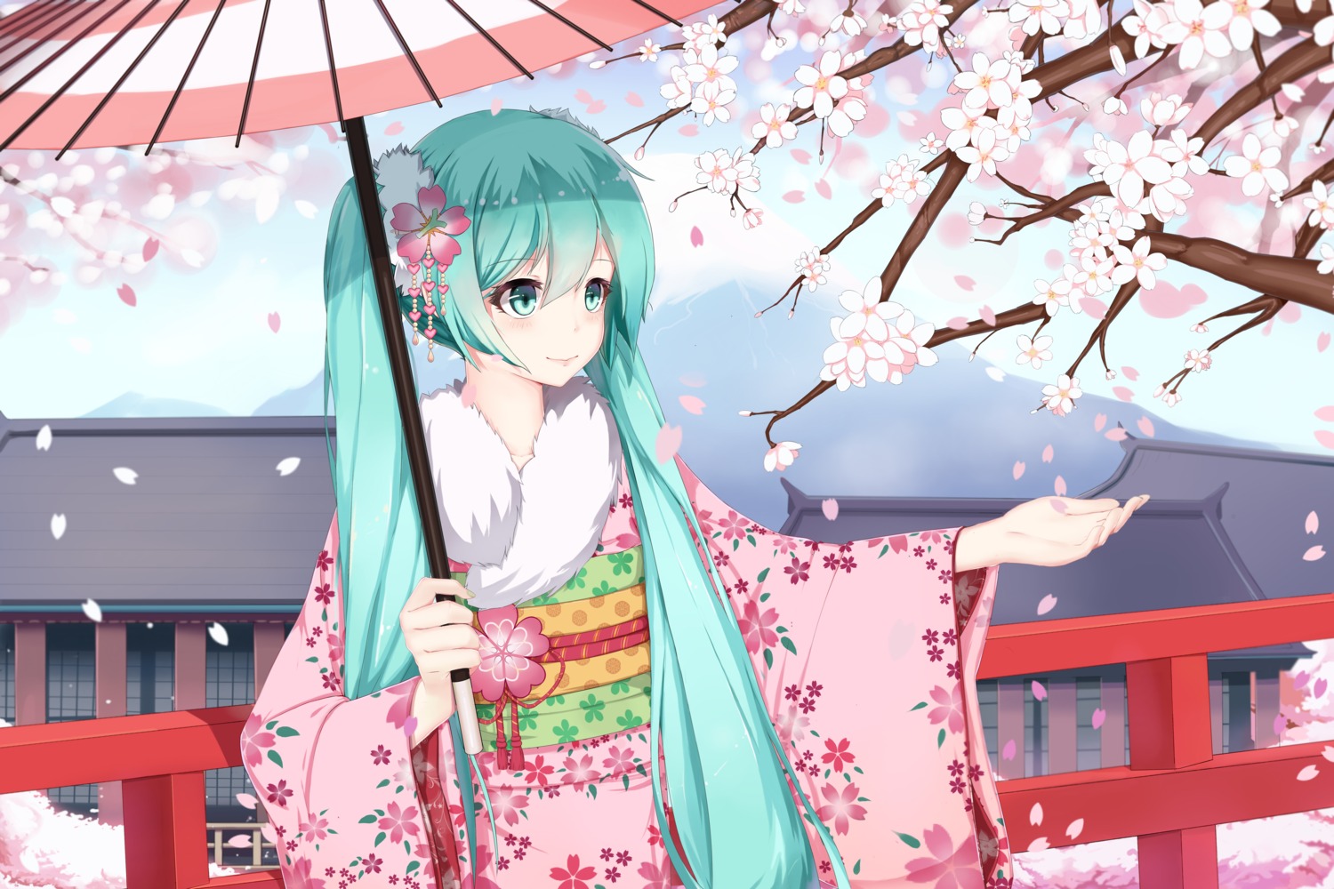 hatsune_miku kimono sugar_sound umbrella vocaloid