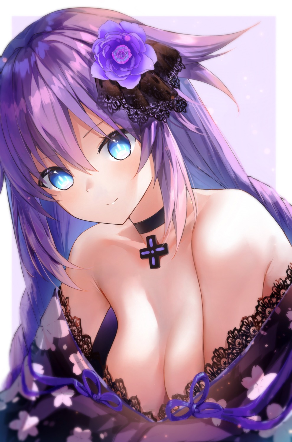 choujigen_game_neptune cleavage japanese_clothes lims_(neko2lims) no_bra open_shirt purple_heart