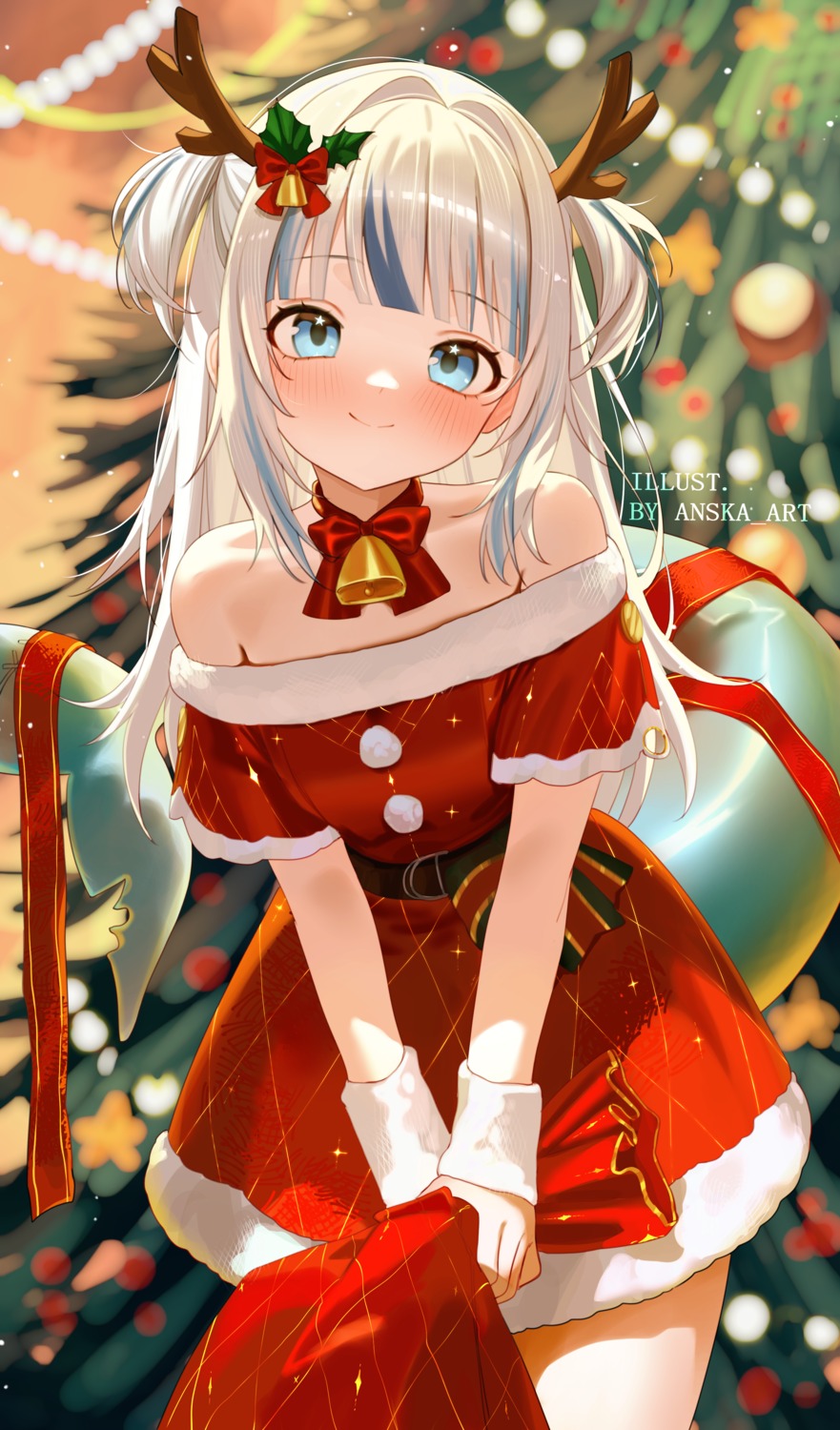 christmas dress gawr_gura hololive hololive_english horns no_bra pantsu_shot tail