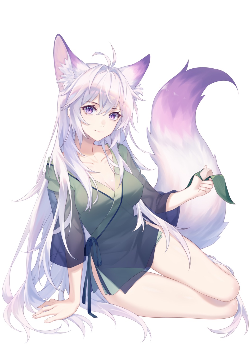 animal_ears cleavage erect_nipples japanese_clothes kirby_d_a kitsune open_shirt see_through tail