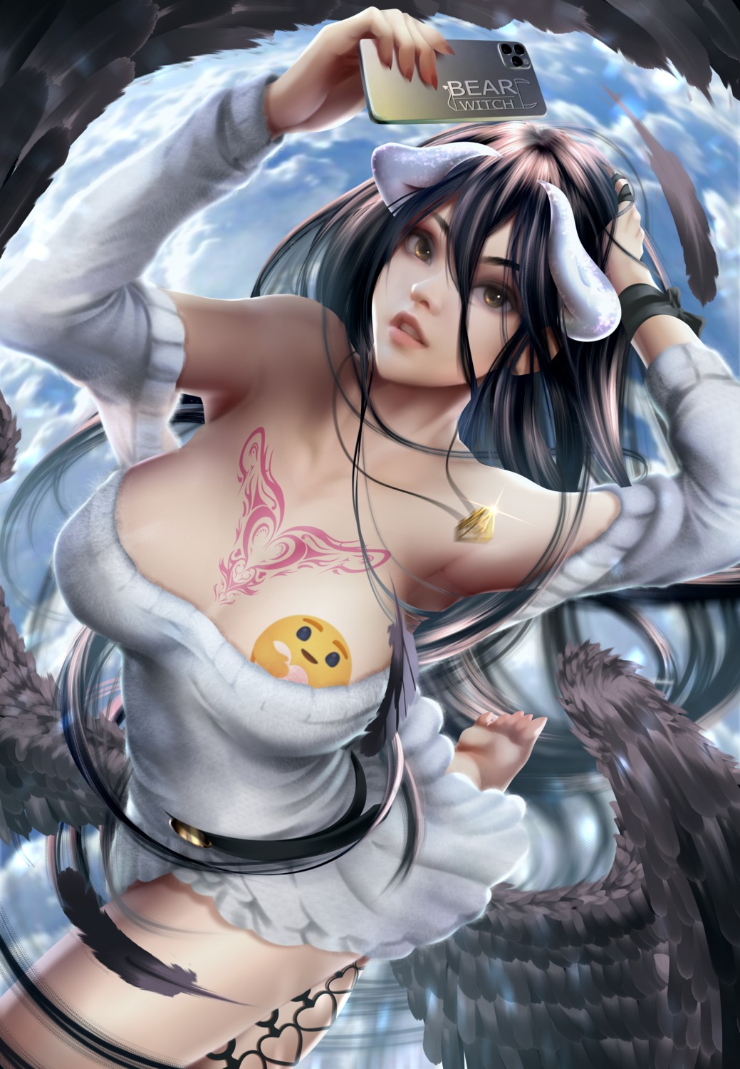 albedo_(overlord) bearwitch dress horns no_bra overlord skirt_lift sweater tattoo wings