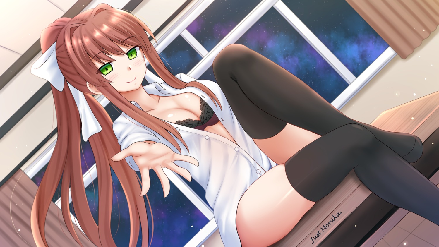 bra cleavage doki_doki_literature_club! kazenokaze monika_(doki_doki_literature_club!) open_shirt thighhighs wallpaper