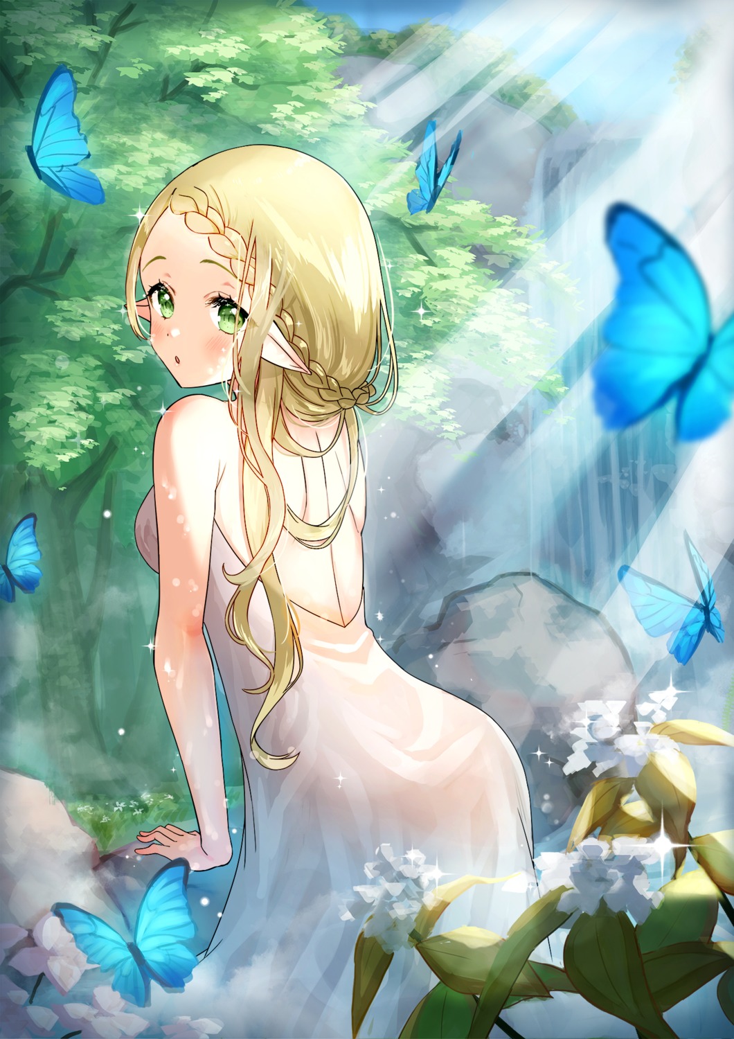 ass dress elf luna_(mi-chanman) no_bra pointy_ears see_through wet wet_clothes