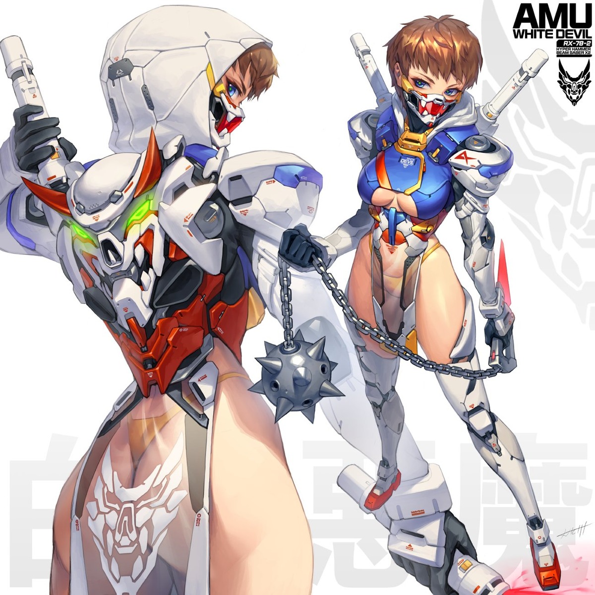 ass gundam hichi mecha_musume no_bra pantsu rx-78-2_gundam see_through tattoo thighhighs thong underboob weapon