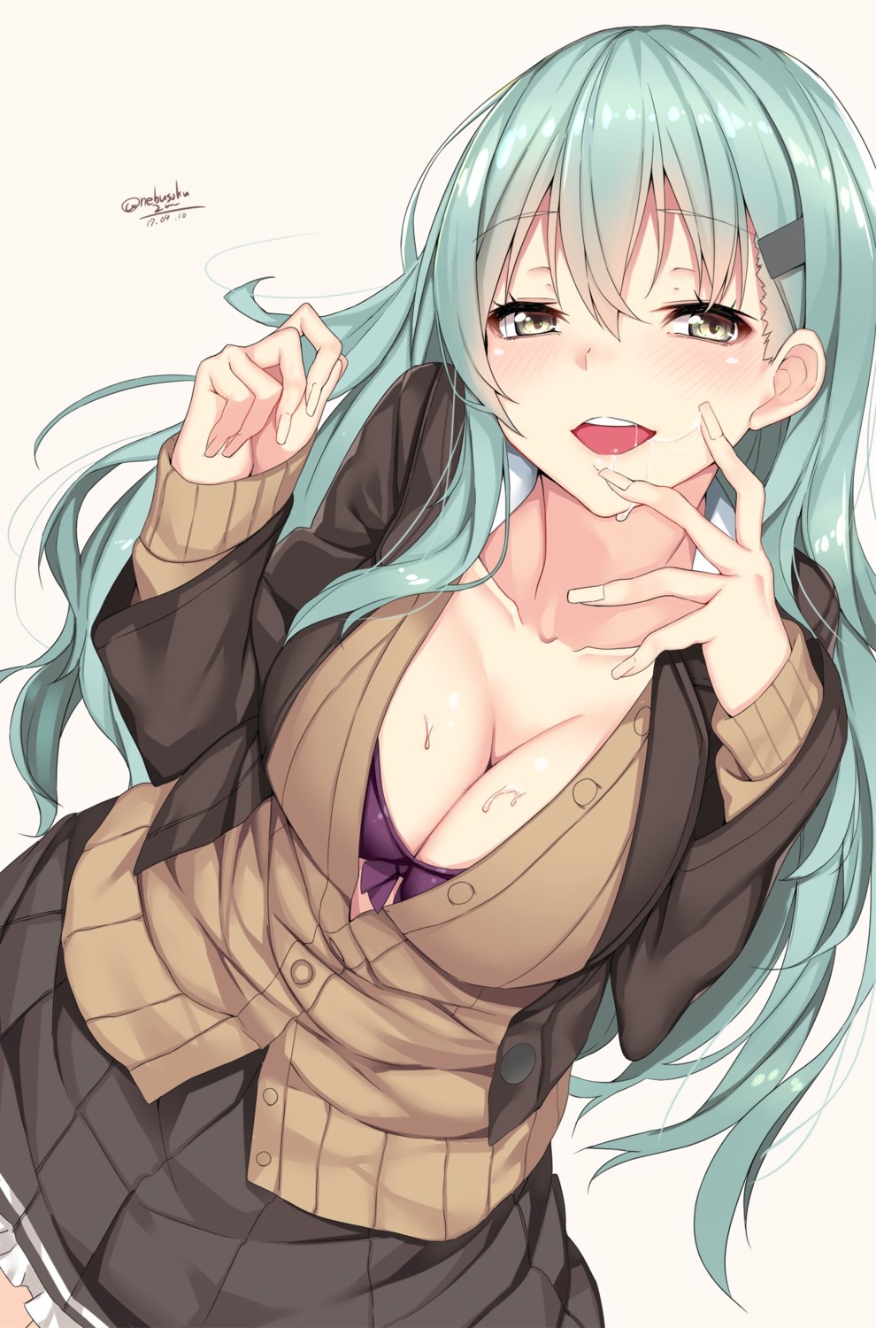 bra cleavage kantai_collection nebusoku open_shirt seifuku suzuya_(kancolle) sweater