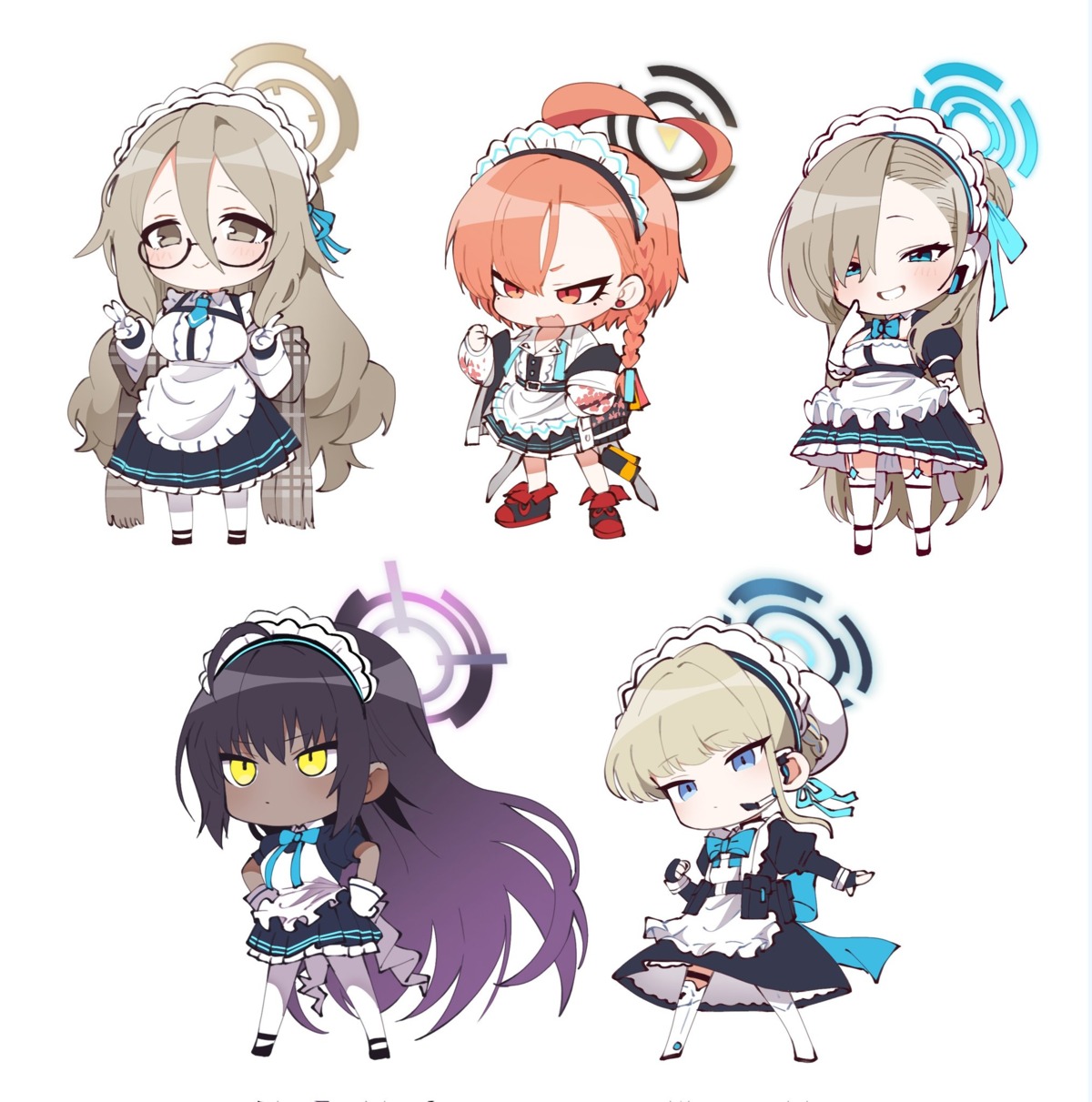 asuma_toki blue_archive chibi garter halo ichinose_asuna kakudate_karin maid megane mikamo_neru murokasa_akane pantyhose poibu_(illegal9244) stockings thighhighs