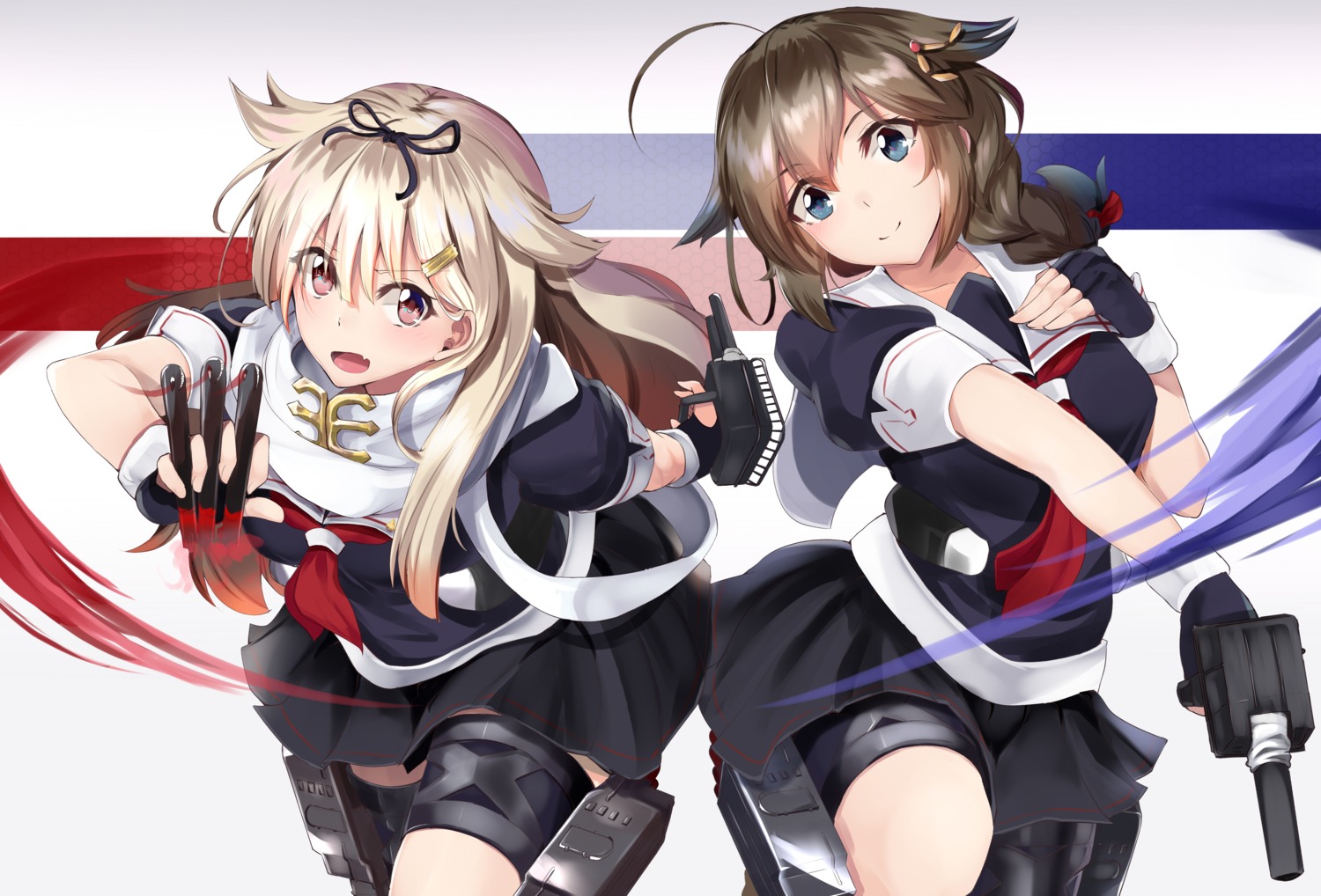 garter kantai_collection ninoude_(ninoude44) seifuku shigure_(kancolle) weapon yuudachi_(kancolle)