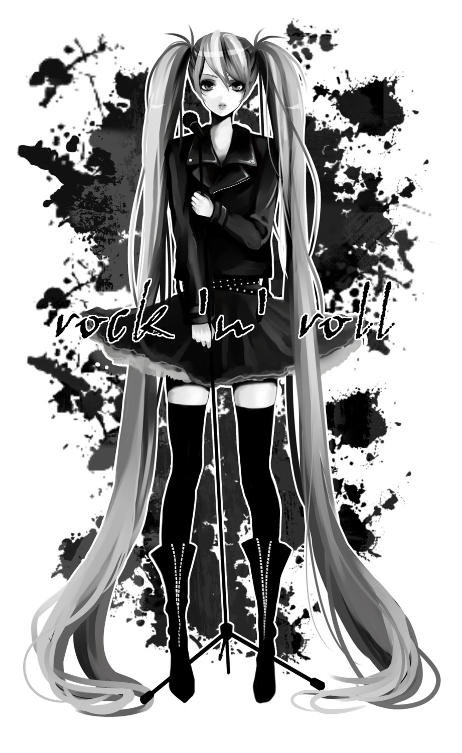 coma hatsune_miku monochrome thighhighs vocaloid