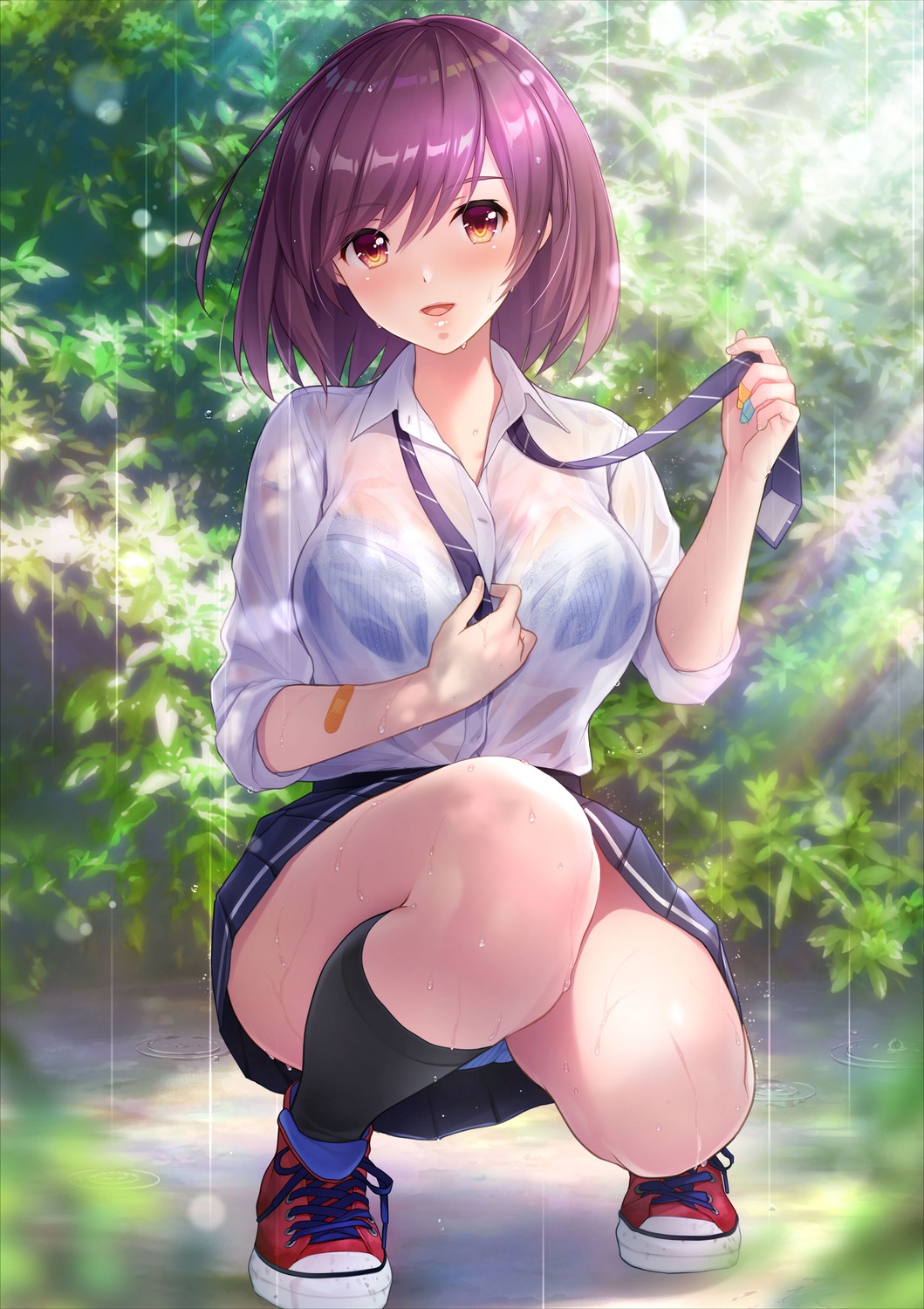 araya_touka bra koizumi_amane pantsu see_through seifuku skirt_lift tone_work's tsuki_no_kanata_de_aimashou wet wet_clothes