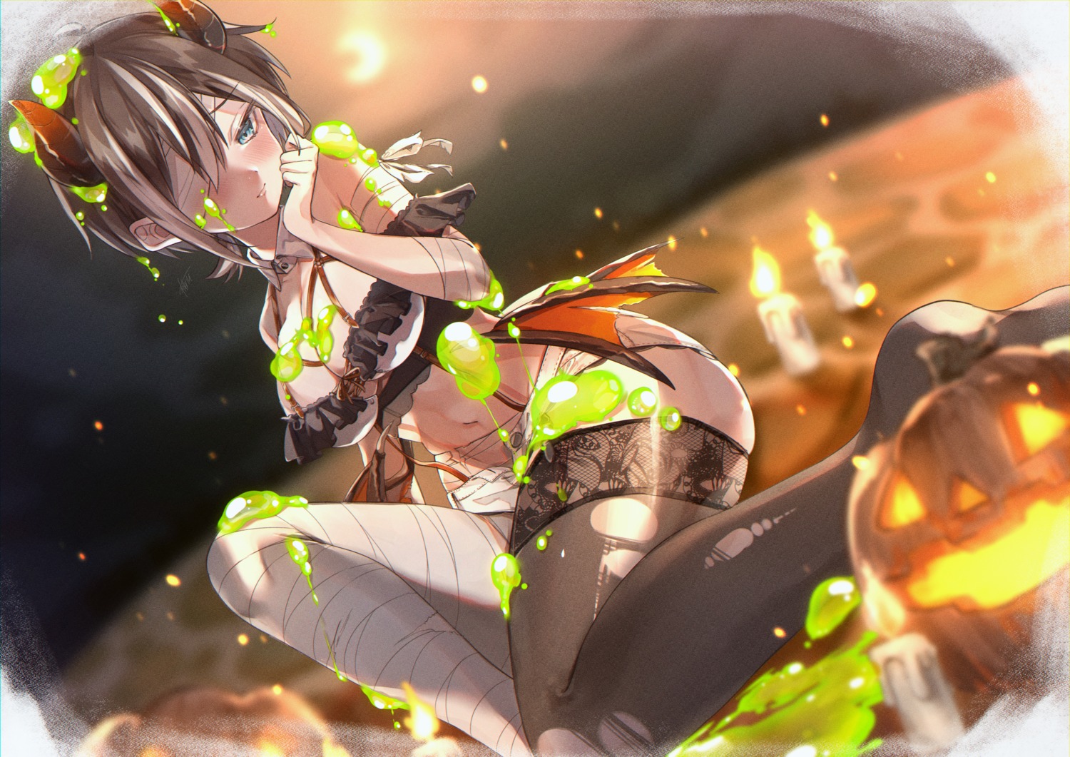 bandages bra halloween harui_(hr_x9_) horns thighhighs torn_clothes wings