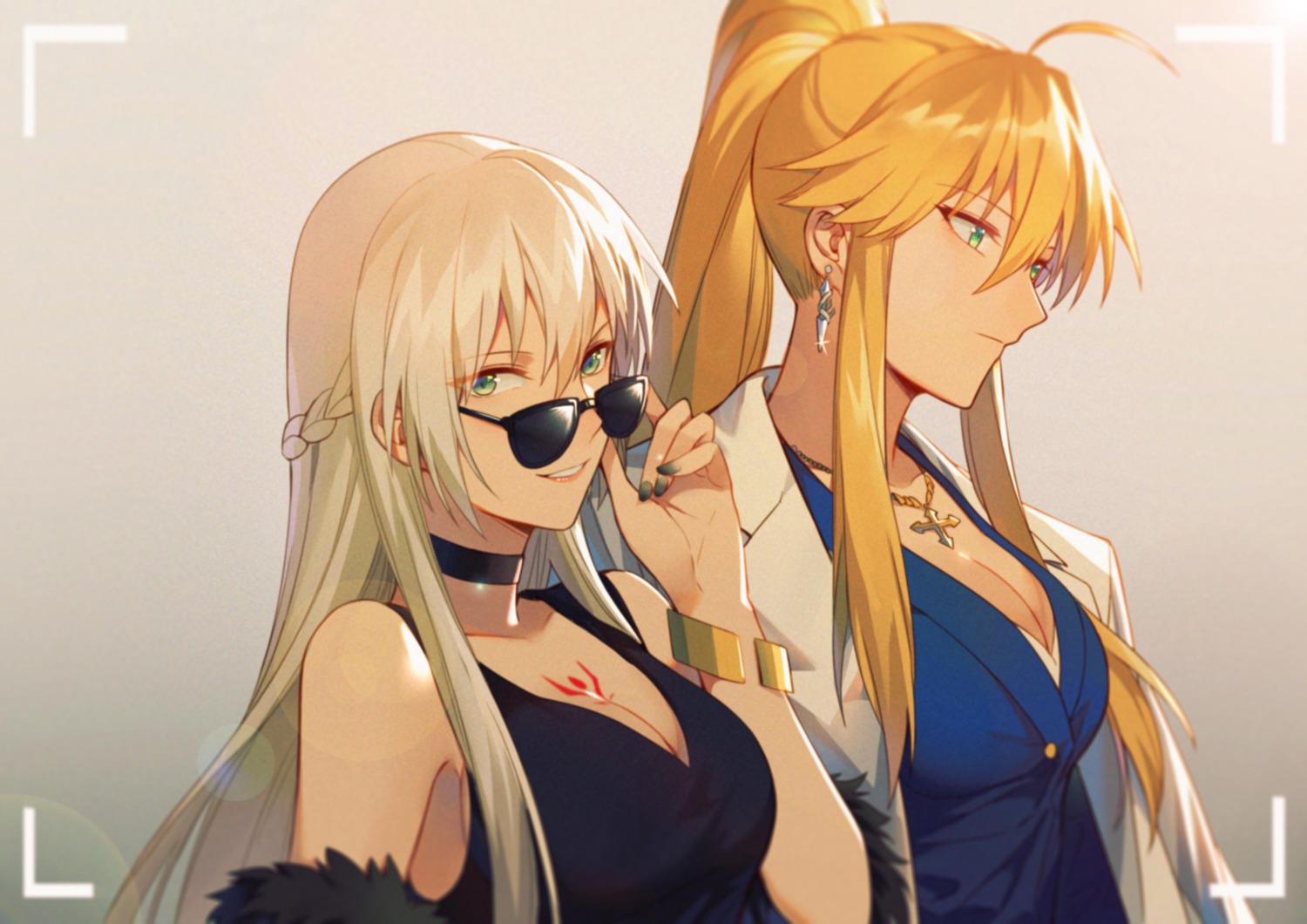 artoria_pendragon_(lancer) business_suit cleavage fate/grand_order megane morgan_le_fay_(fate) tattoo yorukun