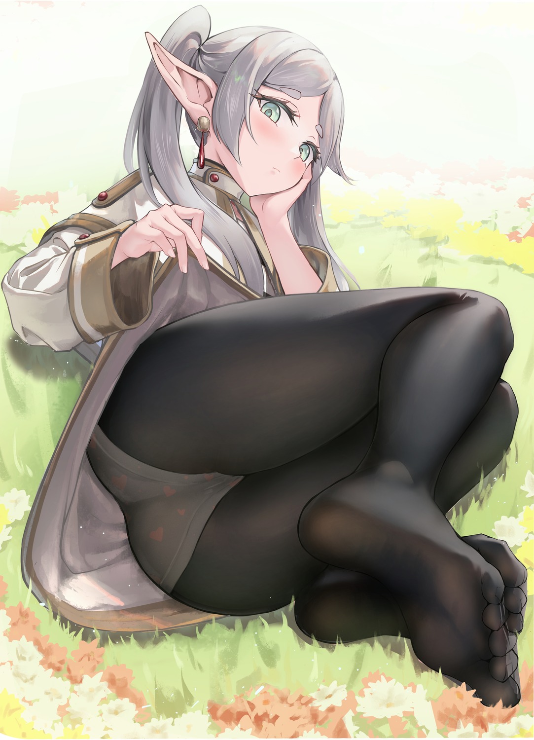 elf feet frieren pantsu pantyhose pointy_ears skirt_lift sousou_no_frieren yuye